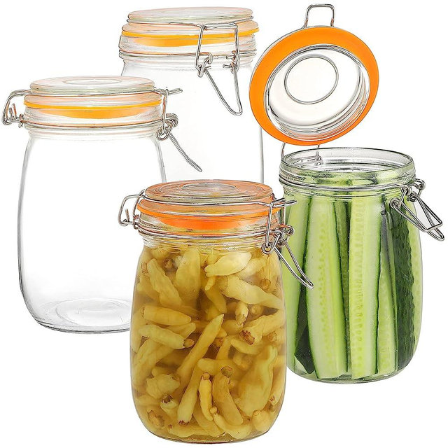 DANALLAN Wide Mouth Mason Jars, 4Pcs 32 oz Glass Jars with Airtight Lid Large Mason Canning Jars Clear Storage Canister Jars with Measurement Marks for Canning Flour Jam Jelly Coffee Sugar Beans