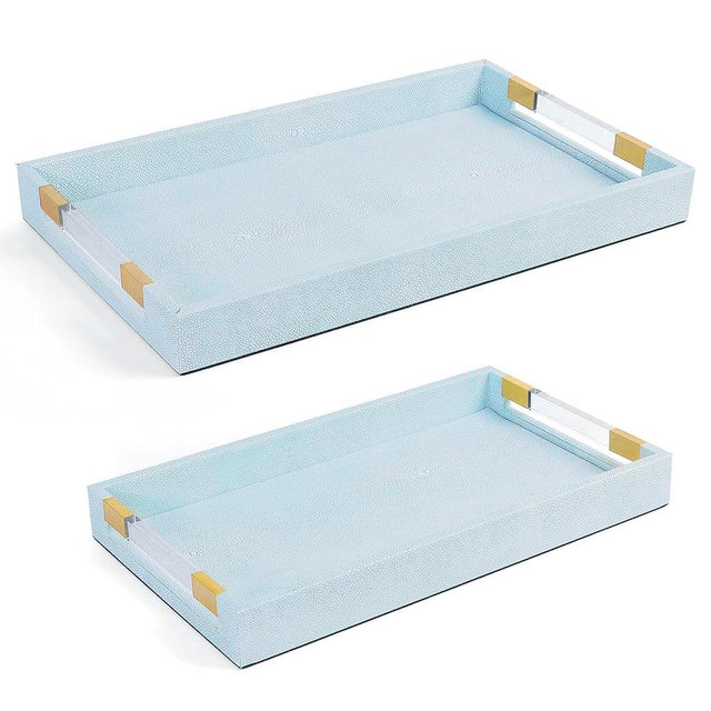 2 Pack Large Ottoman Tray Shagreen Decorative Tray Serving Tray with Acrylic Gold Handles, Ice Blue Vegan Leather Coffee Table Tray for All Occations Home Decor