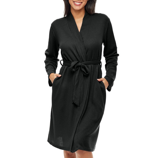 ADR Women's Ribbed Knit Wrap Robe with Pockets, Lightweight Bathrobe Black XL