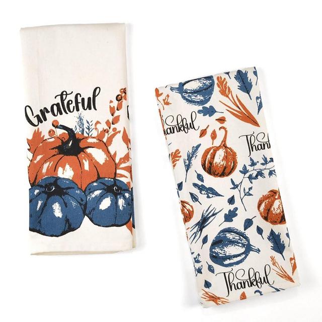 The Fine Living Company Set of 2 Thankful & Grateful Printed Dish Towels, Hand Towels, Boho Tea Towels - Multifunctional, Stylish, Absorbent, Quick Dry, Soft 18" x28", 100% Cotton, Blue & Orange
