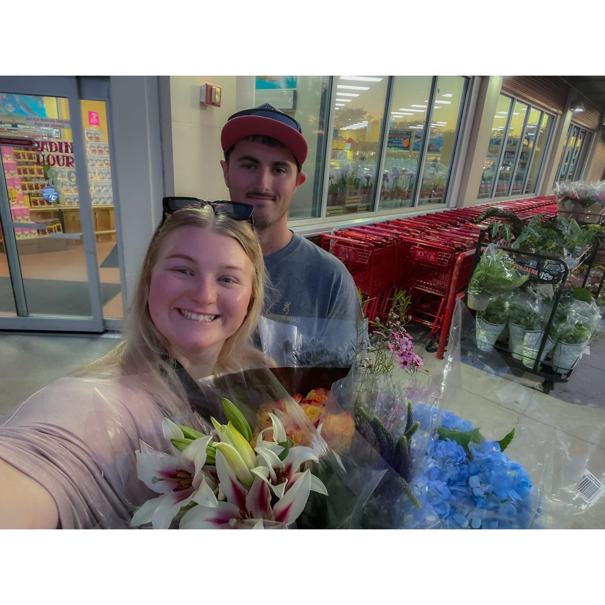 We went to Trader Joe's and bought flowers to make our own bouquets at home