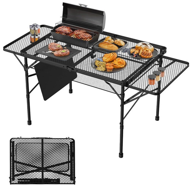 WildFinder Folding Table with 2 Wing Panels, 3x2 FT Camping Table with Mesh Desktop,Height Adjustable Folding Grill Table with Mesh Bag,Portable Outdoor Table for Picnic,Camping,BBQ,Beach(Black)