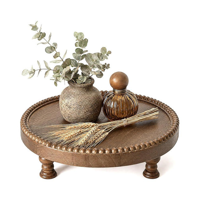EOSAHR Pine Wood Retro Round Display Riser for Room Decor – Beaded Pedestal Tray Stand for Plant Stand, Bathroom Organizer, Boho Home Accent – Farmhouse Apartment Essentials(Brown)