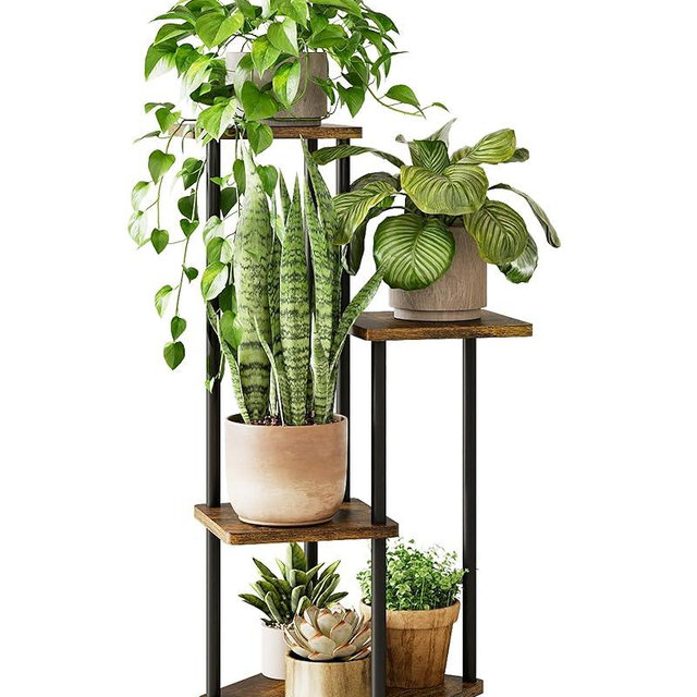GENTINGBRO Tall Plant Stand Indoor 4 Tiered Plant Shelf for Multiple Plants Coner Shelf Stand Wood Plant Stand Metal Shelving for Living Room Bedroom Balcony Patio Brown Oak