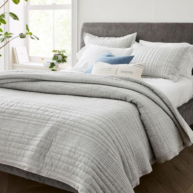 Belgian Flax Linen Linework Quilt & King Sham, Frost Gray, King