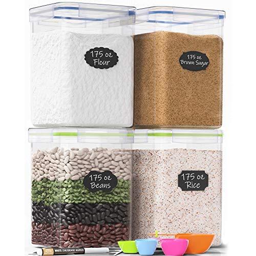 Extra Large Tall Food Storage Containers 175oz, For Flour, Sugar, Baking Supplies - Airtight Kitchen & Pantry Bulk Food Storage, BPA-Free - 4 PC Set - Measuring Scoops, Pen & 8 Labels - Chef’s Path