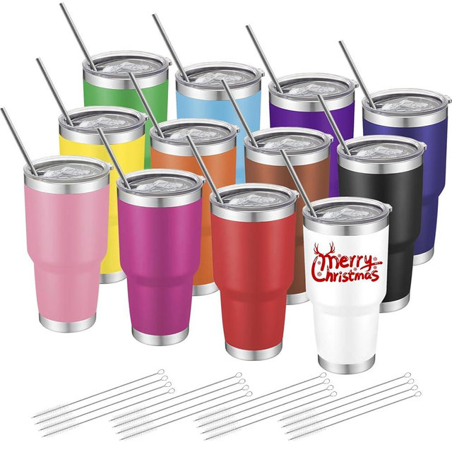 YOUKE OLA 12 Pack Insulated Tumbler - 30oz Stainless Steel Double Wall Vacuum Travel Coffee Tumbler Cup with Lid and Straw for Cold & Hot Drinks (Mixed Colors)