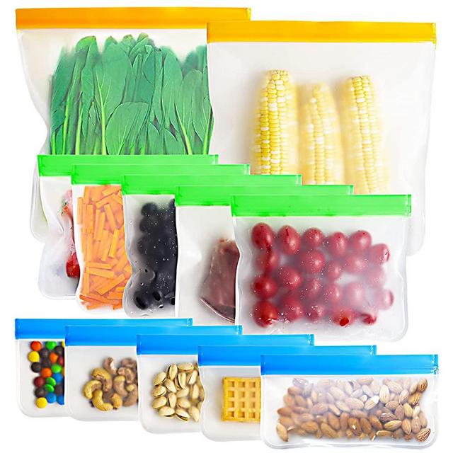 13pcs Leakproof Reusable Food Storage Bags - BPA Free Reusable Freezer Bags  (2 Gallon & 5 Sandwich & 5 Snack Size Bags & 1 Sealed Bag Holder Stand )