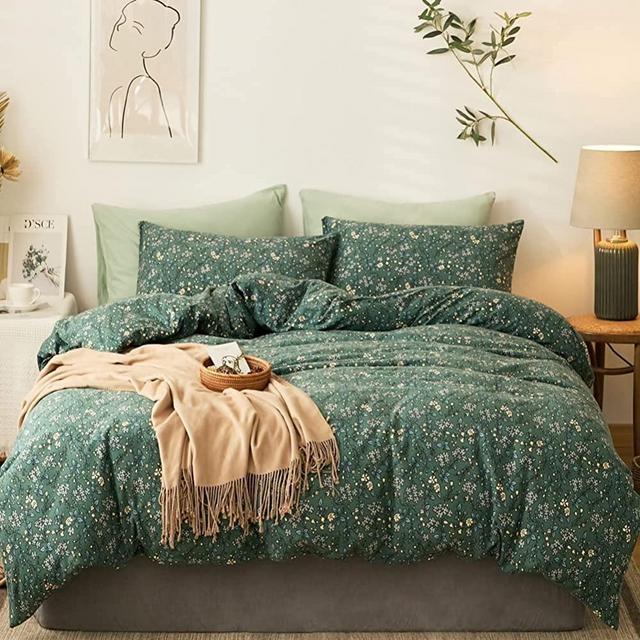 EAVD Reversible Green Floral Duvet Cover King Soft 100% Jersey Knit Cotton Garden Style Floral Bedding Set with 2 Pillowcases Chic Botanical Floral Comforter Cover with Zipper Closure 4 Ties