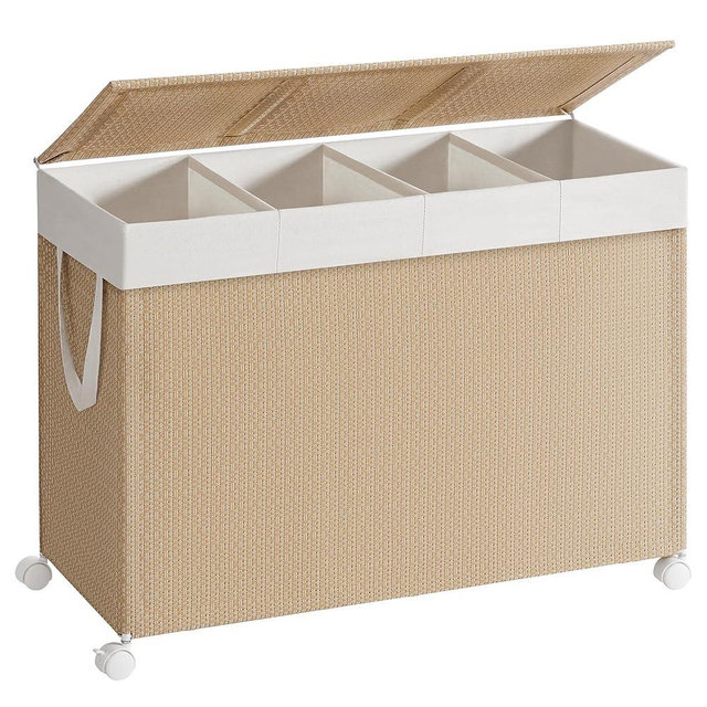 SONGMICS HOME Laundry Hamper with 4 Section, 180 L Large Rolling Laundry Basket with Wheels, Rattan Clothes Basket with Lid, Removable Liner with Handles, Natural Beige and Matte White ULCB603N01
