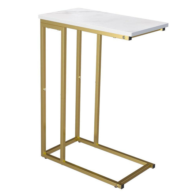 Yusong C Shaped End Table, Couch Side Table That Slide Under Sofa Bed, Small Table for Small Spaces, Skinny Overbed Table, Coffee Drink Snack Table for Living Room, Gold and White Marbled Wooden Top
