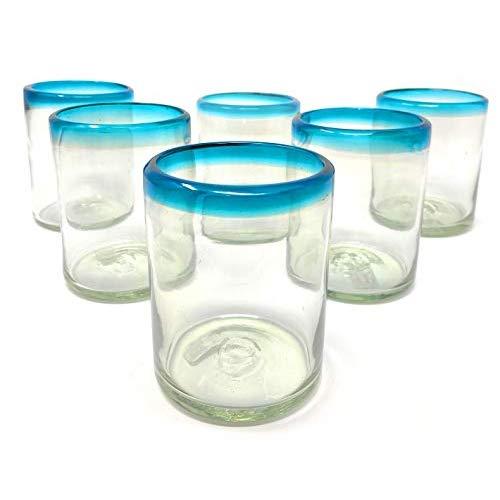 Hand Blown Mexican Drinking Glasses – Set of 6 Tumbler Glasses with Aqua Blue Rims (10 oz each)