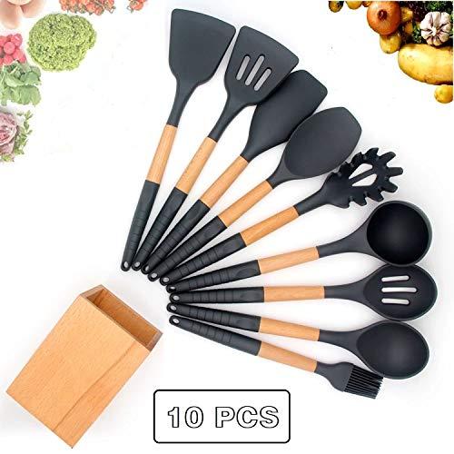 Silicone Cooking Utensil Set with Holder for Non-stick Cookware Silicone Spatula Set with Wood Handle 10 Pieces Silicone Turner Tongs Spatula Spoon Cooking Gadgets Utensil Set (Dark Grey)