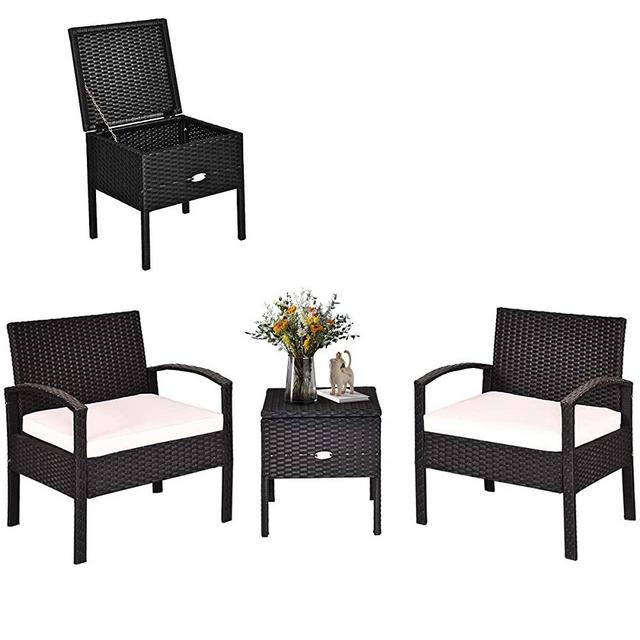 Tangkula 3 PCS Patio Wicker Conversation Set, Outdoor Rattan Furniture with Washable Thick Cushion & Coffee Table w/Storage Space, Patio Furniture Set for Backyard Porch Garden Poolside (Black)