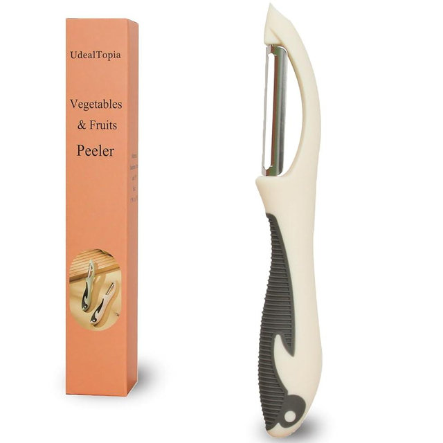 UdealTopia Stainless Steel Vegetable and Fruit Peeler, Swivel Straight Peeled Gadget for Kitchen - Ideal Carrot Cucumber Potato Peeler with Ergonomic, Non-Slip and Cute Handle (Ivory White)