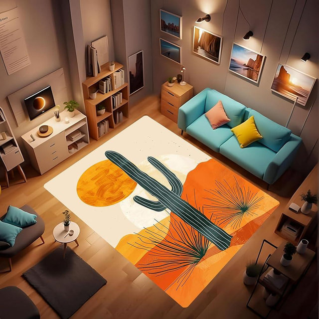 Vintage Bohemian Bathroom Rug, Modern Abstract Desert Cactus Orange Yellow Tone Green Plants Carpet for Bedroom Kitchen Entryway Indoor Doormat Non-Slip Washable Area Rugs 24x36inch