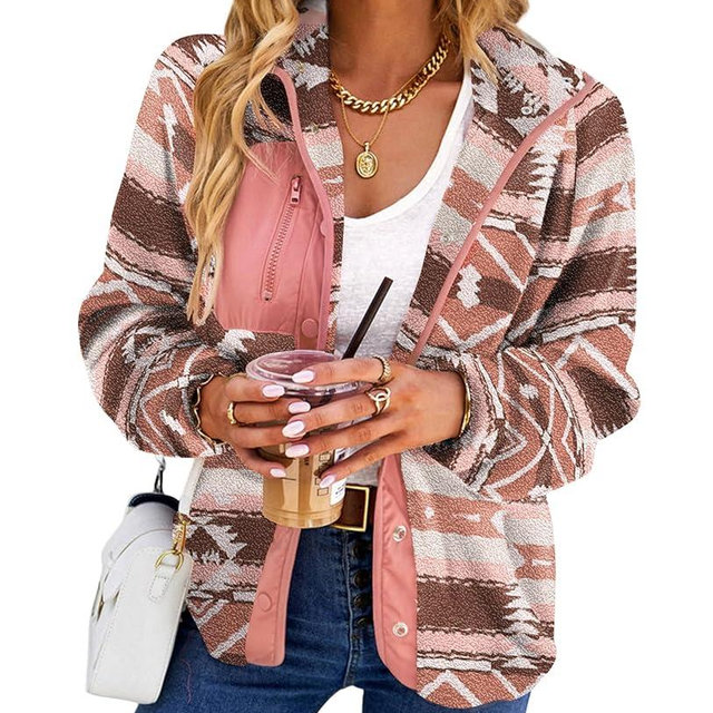 SELINK Womens Fleece Jacket Western Aztec Print Long Sleeve Snap Button Down Shacket Jackets with Pockets