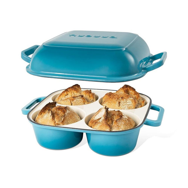QuadPro Enamelled Cast Iron Bread Loaf Pot – Dutch Oven for Sourdough Bread Baking – 500°F Oven Safe Non Stick Bread Pot – 4 Round Loaf Spaces (4.90-inch Diameter), Light Blue – by Nuovva