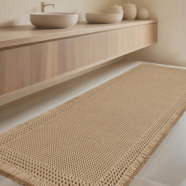Extra Large Waffle Bath Mat, Boho Woven Modern Bath Rug Absorbent Non Slip, Ultra Soft Bathroom Mats, Machine Washable Knit Bath Rugs with Border for Bathroom, Bedroom, Kitchen, Shower, 6'x2', Beige