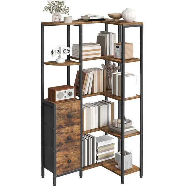 YATINEY Corner Bookshelf, 5-Tier L-Shaped Bookcase with 3 Fabric Drawers, Storage Display Shelf, Freestanding Tall Open Shelf, for Living Room, Bedroom, Home Office, Rustic Brown SJ12BR