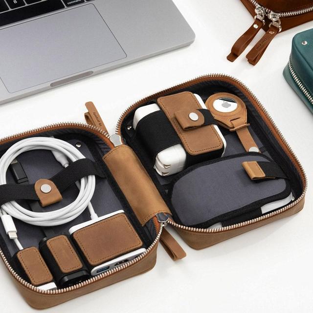 Cable Organizer Travel, Leather Cable and Charger Organizer Bag, Handmade Tech Organizer, Electronics Travel Organizer, Tech Pouch,Storage