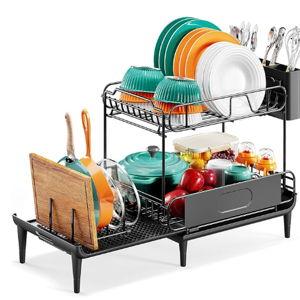 Urackify Dish Drying Rack for Kitchen Counter, Expandable 2 Tier Dish Rack, Large Capacity Dish Drainer with Drainboard Multifunctional Dish Strainer with Removable Cutlery Holder Black