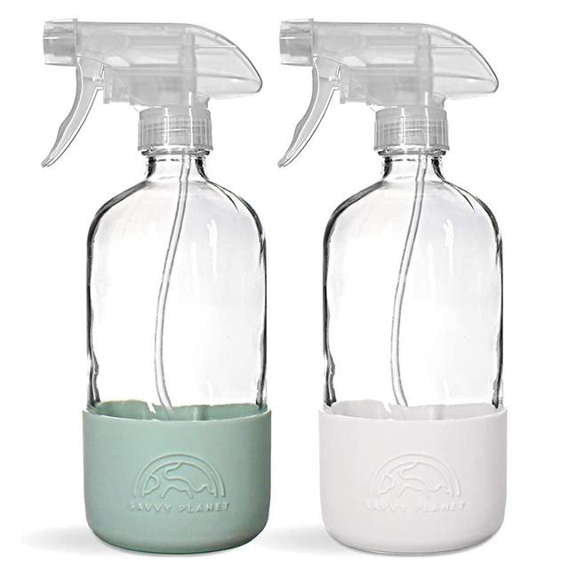 SAVVY PLANET Empty Clear Glass Spray Bottles with Silicone Sleeve Protection - Refillable 16 oz Containers for Cleaning Products, Essential Oils, Misting Plants - Quality Sprayer - 2 Pack - Pastel