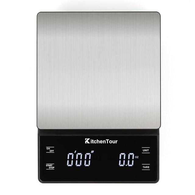 KitchenTour Coffee Scale with Timer 3kg/0.1g - High Precision Pour Over Drip Espresso Scale with Back-Lit LCD Display - Stain Steel Platform(Batteries Included)