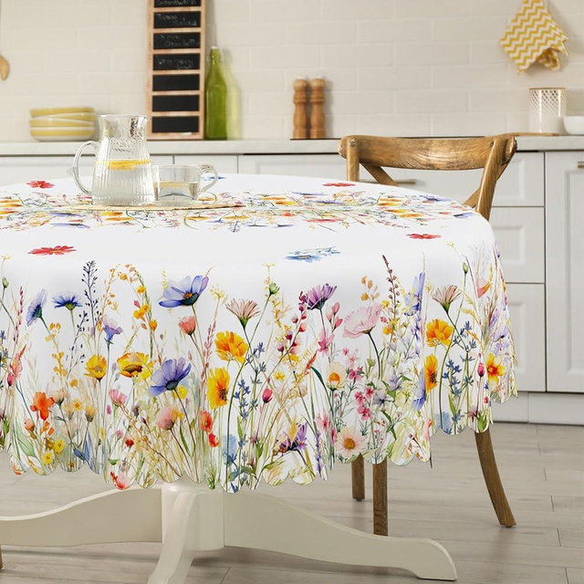 cusugbaso Round Spring Tablecloth 70 inches - Floral Spring Decorations for Home - Water Resistant Table Cloth Blooming Flower Decor for Home, Table, Party