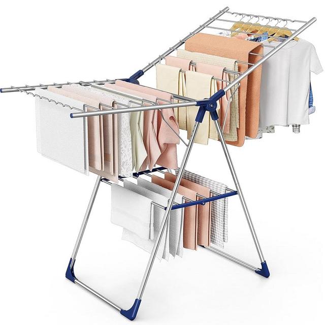 Sakugi Clothes Drying Rack with Height-Adjustable Wings, Metal Foldable Laundry Dryer Stand for Clothing & Bedding, Free-Standing Collapsible for Indoor & Outdoor Use, 55.5" L × 22.8" W, Silver Blue