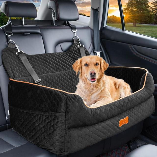 Dog Car Seat for Large/Medium Dogs - Memory Foam Dog Booster Seat for Under 55Lbs or 2 Small Dogs-Detachable and Washable Travel Bed with Thick Cushion and Storage Pockets-Black