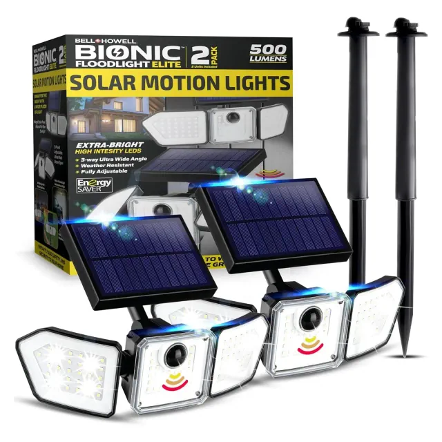 Bell + Howell Solar Lights 2 Packs Bionic Floodlight Elite Solar Powered Outdoor Lights Weatherproof Motion Sensor Security Solar Lighting