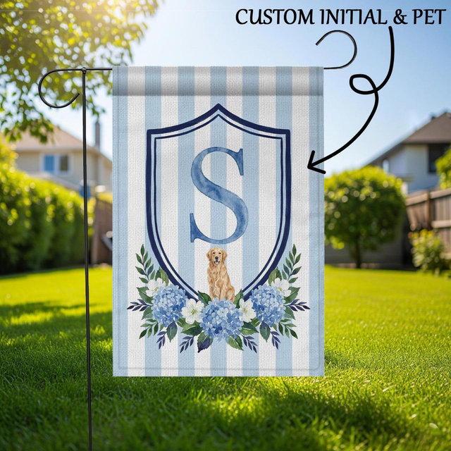 Custom Pet Portrait Garden Flag: Monogram Initial, Hydrangea Shield