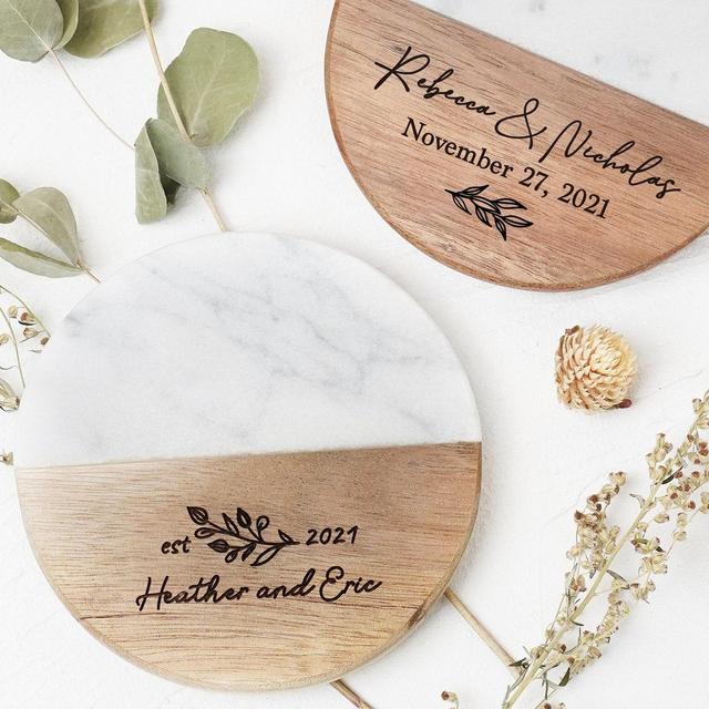 Custom Monogram Marble Wood Coaster |...