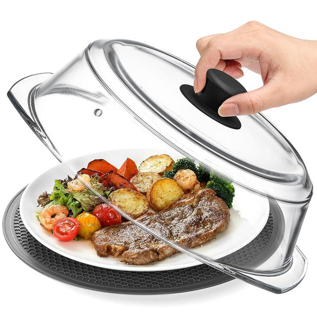 2 in 1, Tall Glass Microwave Splatter Cover for Food & Microwave Place Mat, Plate Splatter Guard Lid with Silicone Handle Knob, Cookware & Bakeware Serving Dish Cover, Food Grade, No Plastic, 10in