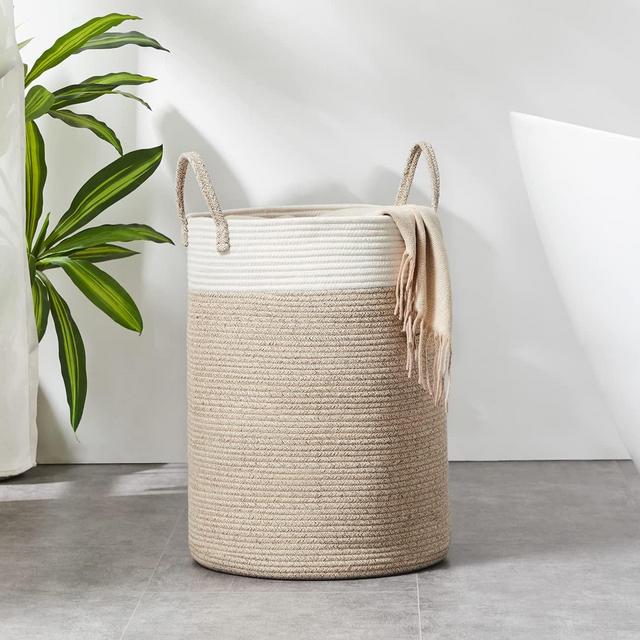 Cotton Rope Laundry Hamper by YOUDENOVA, 58L - Woven Collapsible Laundry Basket - Clothes Storage Basket for Blankets, Laundry Room Organizing, Bedroom Storage, Clothes Hamper – Brown White