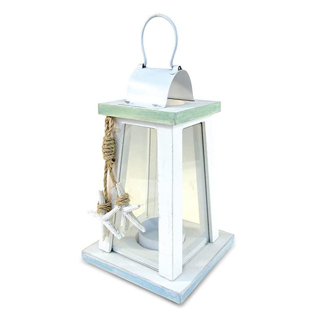 COTA Global Ocean Breeze Nautical Wooden Nautical Tealight Candle Lantern Holder - Coastal Table Centerpiece Beach Home Decor - Rustic Indoor Outdoor Decorative Lantern - Handmade Color May Vary
