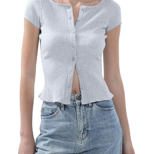 Abonlen Ribbed Button Down T Shirts for Women Short Sleeve Going Out Tops Cropped Fitted Knit Blouses