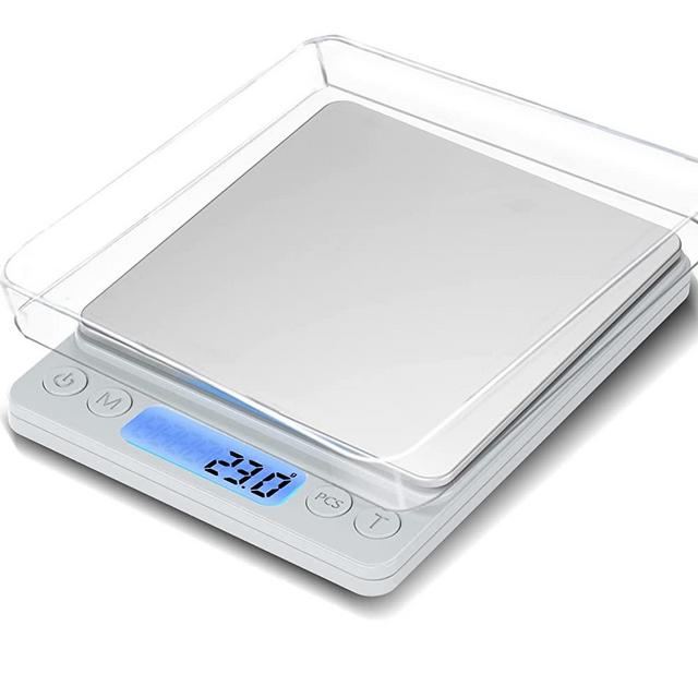 Digital Food Scale for Food Ounces and Grams，YONCON 3000g/0.1g Accuracy Multifunctional Kitchen Scale for Cooking, Baking | Small Size for Easy Storage | 2 Trays，Tare Function