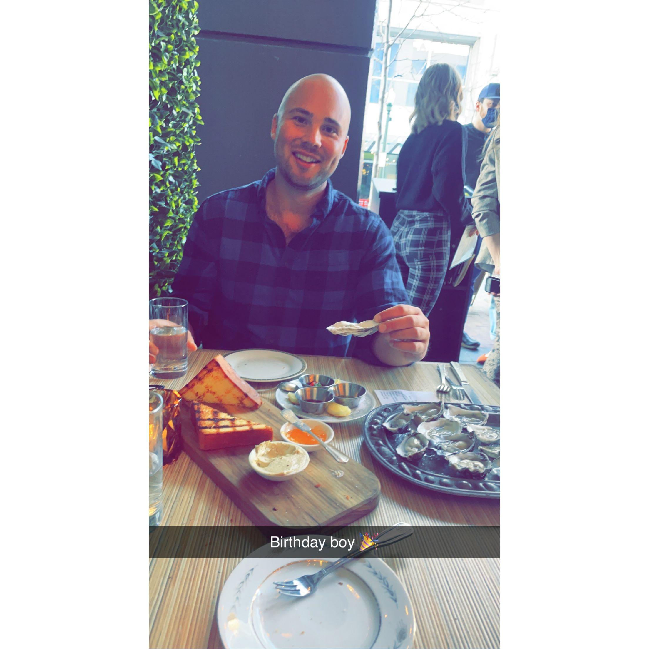 Oysters for Brad's 29th birthday! (because he didn't look this happy on his 30th)