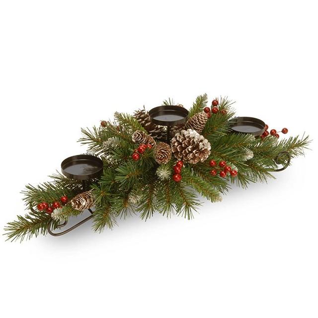National Tree Company Artificial Christmas Centerpiece | Includes 3 Candle Holders, Red Berries, Pine Cones and Steal Base | Frosted Berry - 30 Inch