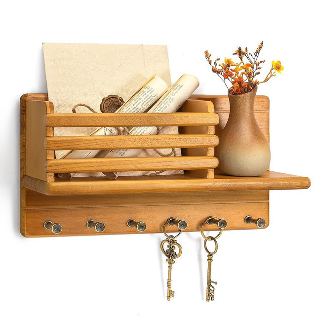 Rebee Vision Farmhouse Pine Wood Key Holder Wall Mount - Rustic Key Holder for Wall with Storage Shelf & 6 Hooks - Mail Holder for Kicthen, Living Room, Bedroom (Yellow)