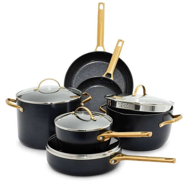 GreenPan Reserve Hard Anodized Healthy Ceramic Nonstick 10 Piece Cookware Pots and Pans Set, Gold-Tone Stainless Steel Handles, PFAS & PFOA-Free, Dishwasher Safe, Oven & Broiler Safe, Black