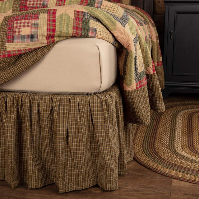 VHC Brands Tea Cabin King Bed Skirt 78x80x16 Country Rustic Bedding Accessory, Moss Green