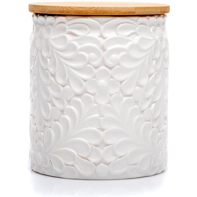 XXL 94 Oz Engraved Ceramic Kitchen Canister - Storage Jars with Airtight Lids Made from Bamboo with Nature-Inspired Engraving - Use as a Pasta Holder, Coffee Ground Holder, Rice Container, Candy Jar