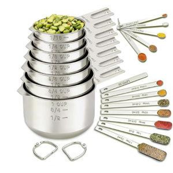 EWFEN Measuring Cups and Spoons Set, 7 Stainless Steel Nesting Measuring Cups & 7 Spoons, 5 Mini Measuring Spoons &1 Leveler, Kitchen Gadgets for Cooking & Baking, Square