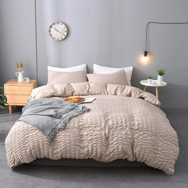 M&Meagle 3 Pieces Textured Duvet Cover Khaki Set with Zipper Closure,100% Washed Microfiber Seersucker Fabric,Luxury Hotel Quality Bedding-King Size(1 Duvet Cover 2 Pillowcases)