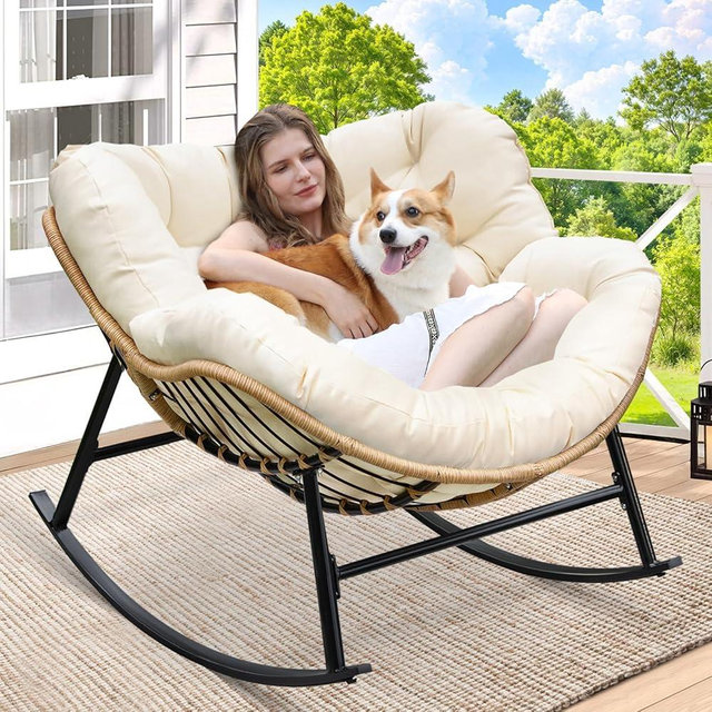 RADIATA Rocking Egg Chair, Indoor Outdoor Oversized Lounge Chair, Wicker Papasan Rocker with Water Resistant Cushion Cover, 450 lbs Weight Capacity for Patio Porch Garden (Ivory)