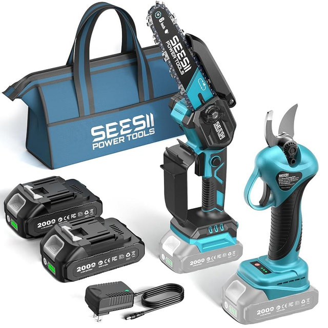 SEESII Mini Chainsaw & Electric Pruning Shears Combo, 6-inch Brushless Handheld Power Chain Saw, 1.2” Cutting Cordless Pruner for Tree Trimming, Tools Kit with 2x2000mAh Batteries, Fast Charger