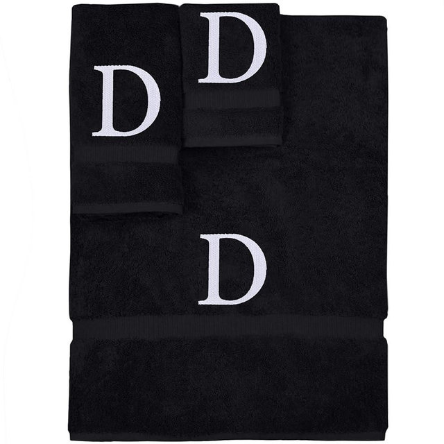 Monogrammed Towel Set, Personalized Gift, Set of 3- White Block Letter Embroidered Towel - Extra Absorbent 100% Turkish Cotton - Soft Terry Finish - Initial D Black